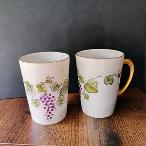 Vintage Bavarian Porcelain Mugs, Set Of 2, Hand-Painted Grape Vine, Gold Handle